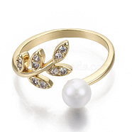 Brass Micro Pave Clear Cubic Zirconia Cuff Finger Rings, Open Rings, with ABS Plastic Imitation Pearl Beads, Nickel Free, Leaf, Real 18K Gold Plated, Size 8, Inner Diameter: 18mm(X-RJEW-N030-002-NF)