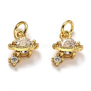 Brass Micro Pave Cubic Zirconia Charms, with Jump Rings, Long-Lasting Plated, Planet, Real 18K Gold Plated, 11.5x8.5x5mm, Hole: 3mm(ZIRC-H119-10G)