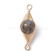 Natural Labradorite Copper Wire Wrapped Connector Charms, Horse Eye Links, Light Gold, 25x9x8mm, Hole: 1.5mm(PALLOY-JF02518-02)