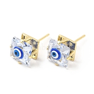Square Glass with Enamel Evil Eye Stud Earrings, Real 18K Gold Plated Brass Jewelry for Women, Blue, 9x9mm, Pin: 0.7mm(EJEW-P210-03G-04)