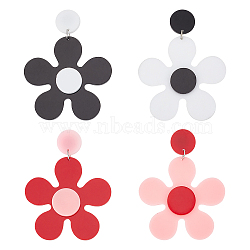 2 Pairs 2 Colors Acrylic Flower Asymmetrical Earrings, Platinum Alloy Dangle Stud Earrings for Women, Mixed Color, 66mm, Pin: 0.6mm, 1 Pair/color(EJEW-FI0001-09)