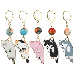 Cat Shapes Alloy Enamel Pendants Decorations, with Zinc Alloy Lobster Claw Clasps and Synthetic Ocean White Jade Round Beads, Mixed Color, 60mm(HJEW-JM01767)
