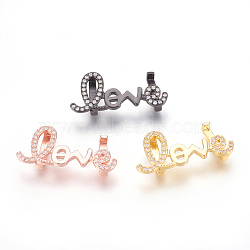 Brass Micro Pave Cubic Zirconia Letter Slide Charms, Lead Free & Cadmium Free & Nickel Free, Long-Lasting Plated, Word Love, Clear, Mixed Color, 13x29.5x5mm, Hole: 2x10.5mm(ZIRC-P077-31-NR)