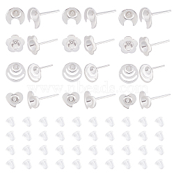 40Pcs 4 Style 304 Stainless Steel Stud Earring Settings, with 40Pcs Plastic Ear Nuts, Moon & Flower & Flat Round & Heart, Silver, Tray: 3mm, 7~9x7.5~9mm, Pin: 0.7mm, 10Pcs/style(STAS-DC0007-37)