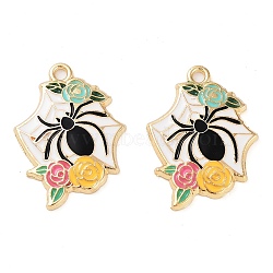 Halloween Theme Rack Plating Alloy Enamel Pendants, Golden, with Flower, Spider, 27x20x2mm, Hole: 2mm(FIND-Q099-02E-G)