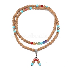 Natural Rudraksha Beaded Buddhist Necklace, Natural Mixed Gemstone & Indonesia & Alloy Gourd Double Loop Wrap Necklace for Women, Sienna, 38.58 inch(98cm)(NJEW-JN04119)