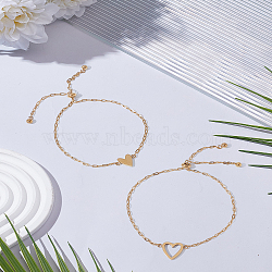 2Pcs Adjustable 201 Stainless Steel Link Bracelets, Cable Chain Bracelets for Women, Heart, Real 18K Gold Plated, 7-7/8 inch(20cm)(BJEW-LP0015-18)