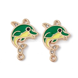 Alloy Enamel Connector Charms, Dolphin Links with Crystal Rhinestone, Light Gold, Cadmium Free & Nickel Free & Lead Free, Green, 23x15.5x1.5mm, Hole: 1.5mm(ENAM-I054-02A)