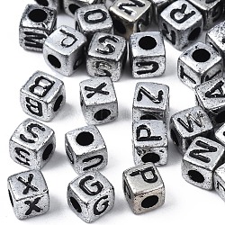 Opaque Acrylic Beads, Cube with Random Mixed Letters, Silver Plated, 4x4x4.5mm, Hole: 2mm, about 5000pcs/500g(LACR-N001-66)