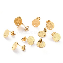 Ion Plating(IP) 304 Stainless Steel Stud Earring Findings, Textured Flat Round, Golden, 10x1mm, Hole: 1.4mm, Pin: 0.8mm(STAS-O144-01B-G)
