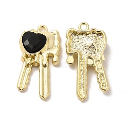 Glass Heart Key Pendants, with Light Gold Alloy Finding, Long-Lasting Plated, Cadmium Free & Lead Free, Black, 28x15x5mm, Hole: 2mm(PALLOY-E024-29LG-03)