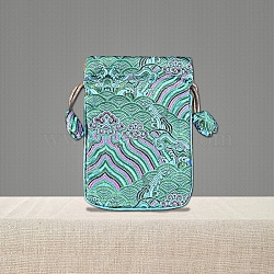 Chinese Style Brocade Drawstring Gift Blessing Bags, Landscape Print Jewelry Storage Pouches for Wedding Party Candy Packaging, Rectangle, Turquoise, 15x10cm(PW-WG24924-04)