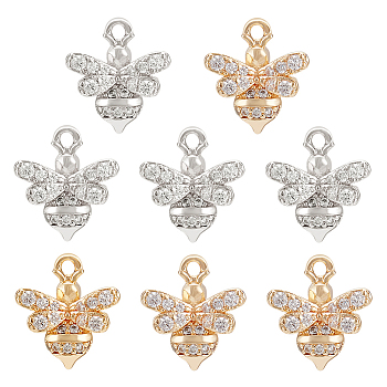 8Pcs 2 Colors Brass Micro Pave Clear Cubic Zirconia Charms, Bee, Mixed Color, 11.5x10x3mm, Hole: 1.2mm, 4pcs/color