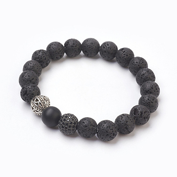 Natural Lava Rock Beads Stretch Bracelets, with Natural Black Agate(Dyed), Brass Cubic Zirconia Round Beads and Alloy Findings, 2-3/8 inch(6cm)