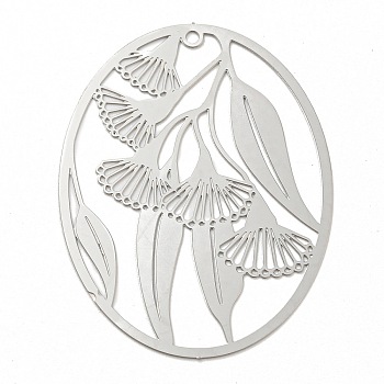 201 Stainless Steel Pendants, Etched Metal Embellishments, Oval with Leaf Charm, Stainless Steel Color, 40x30.5x0.2mm, Hole: 1.4mm