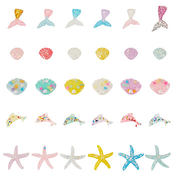 AHADERMAKER 60Pcs 30 Styles Ocean Theme Translucent Resin Cabochon, with Glitter Powder, Starfish & Dolphin & Shell, Mixed Shapes, Mixed Color, 18.5~39x26~39.5x4.5~7mm, 2pcs/style