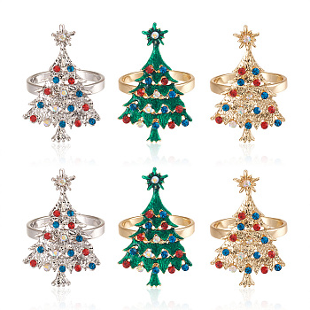 Mega Pet 6Pcs 3 Style Christmas Tree Alloy Napkin Rings, with Colorful Rhinestone, Napkin Holder Adornment, Restaurant Daily Accessaries, Mixed Color, 58x36mm, 33mm Inner Diameter, 2pcs/color