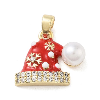 Christmas Theme Brass Micro Pave Cubic Zirconia Pendants, with Enamel and ABS Imitation Pearls, Real 18K Gold Plated, Hat, 14.5x17.5x7mm, Hole: 4.5x2.5mm