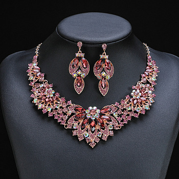 Flower Alloy Rhinestone Pendant Necklaces & Stud Dangle Earrings Sets, Light Rosaline AB, 420mm