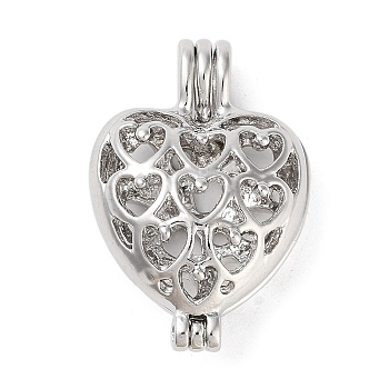 Alloy Bead Cage Pendants, Hollow Cage Charms for Chime Ball Pendant Making, Platinum, Heart, 26x17x10mm, Hole: 5x3mm