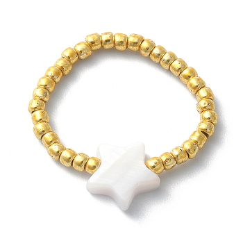 Natural Shell & TOHO Round Seed Braided Bead Style Finger Ring, Star, Inner Diameter: 16mm, Star: 8.5x8.6mm