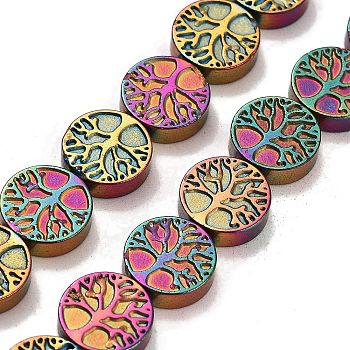 Synthetic Non-magnetic Hematite Beads Strands, Long-Lasting Plated, Flat Round with Tree of Life, Mixed Color, 10x3mm, Hole: 1mm, about 40pcs/strand, 15.94''(40.5cm)