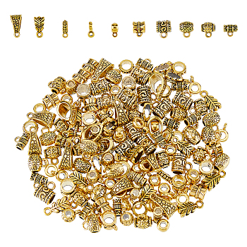 150Pcs 10 Style Tibetan Style Alloy Tube Bails, Loop Bails, Flower & Tube & Flat Round & Leaf, Antique Golden, 6.5~14x6.5~8x3.5~7.5mm, Hole: 1.4~2mm, Inner Diameter: 2.8~4.7mm, 15Pcs/style
