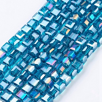 Electroplate Glass Beads Strands, AB Color Plated, Faceted, Cube, Dark Turquoise, 6x6x6mm, Hole: 1mm, about 100pcs/strand, 22 inch