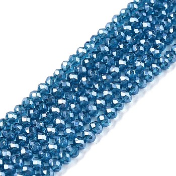 Electroplate Glass Beads Strands, Pearl Luster Plated, Faceted, Rondelle, Steel Blue, 2.9~3.3x2mm, Hole: 0.8mm, about 148~150pcs/strand, 39.5~40cm