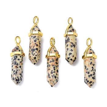 Natural Dalmatian Jasper Pointed Pendants, with Random Brass Pendant Hexagon Bead Cap Bails, Golden, Bullet, 38.5~40x12~12.5x10~11mm, Hole: 3x4.5mm