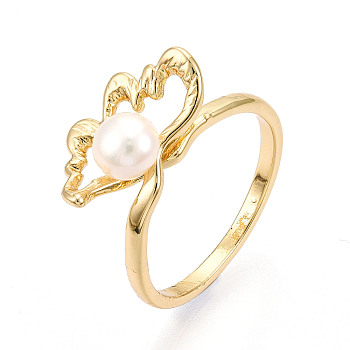 Flower Brass Finger Rings, with Natural Pearl, Real 14K Gold Plated, US Size 7 1/4(17.5mm), Flower: 16~17x10mm