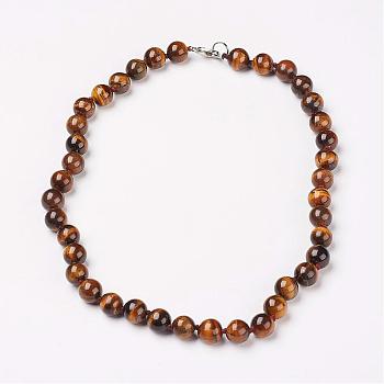 Natural Tiger Eye Beads Necklaces, with Brass Lobster Claw Clasps, Round, 17.7 inch(45cm) long, beads: 10mm