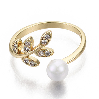 Brass Micro Pave Clear Cubic Zirconia Cuff Finger Rings, Open Rings, with ABS Plastic Imitation Pearl Beads, Nickel Free, Leaf, Real 18K Gold Plated, Size 8, Inner Diameter: 18mm