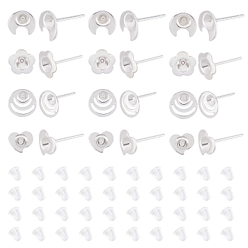 40Pcs 4 Style 304 Stainless Steel Stud Earring Settings, with 40Pcs Plastic Ear Nuts, Moon & Flower & Flat Round & Heart, Silver, Tray: 3mm, 7~9x7.5~9mm, Pin: 0.7mm, 10Pcs/style