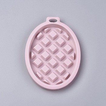 Food Grade Silicone Waffle Molds, Fondant Molds, for DIY Cake Decoration, Chocolate, Candy, UV Resin & Epoxy Resin Jewelry Making, Oval, Pink, 120x85x10mm, Hole: 7x14mm, Inner Size: 101x75mm