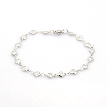 Casual Style 304 Stainless Steel Heart Link Chain Bracelets, with Lobster Claw Clasps, Stainless Steel Color, 7-1/2 inch(190mm), 5.5x2mm