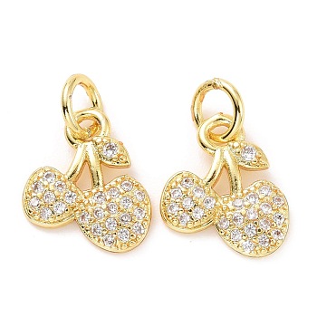 Brass Micro Pave Cubic Zirconia Charms, with Jump Rings, Long-Lasting Plated, Cadmium Free & Lead Free, Light Gold, Cherry, Clear, 10x10x1.5mm