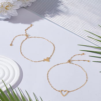 2Pcs Adjustable 201 Stainless Steel Link Bracelets, Cable Chain Bracelets for Women, Heart, Real 18K Gold Plated, 7-7/8 inch(20cm)