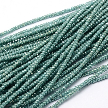 Faceted Rondelle Full Rainbow Plated Electroplate Glass Beads Strands, Aquamarine, 3.5~4x2.5~3mm, Hole: 0.8mm, about 150pcs/strand, 15.1 inch