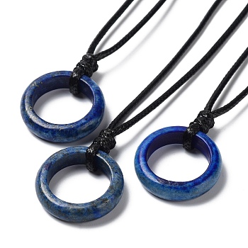 Natural Lapis Lazuli Ring Pendant Necklace with Waxed Cords, 29.53~29.92 inch(75~76cm), Pendant: 24x6mm