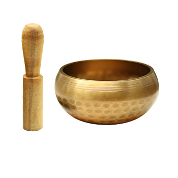 Tibetan Brass Singing Bowl & Wood Striker Set, Nepal Buddha Meditation Sound Bowl, Yoga Sound Bowls, for Holistic Stress Relief Meditation and Relaxation, Golden, 86x45mm, Inner Diameter: 75mm
