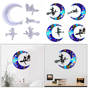 DIY Halloween Themed Display Decoration Food Grade Silicone Molds, Resin Casting Molds, Crescent Moon & Witch, White, 87~250x134~225x6~11mm, 5pcs/set