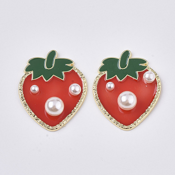 Epoxy Resin Cabochons, with ABS Plastic Imitation Pearl and Light Gold Plated Brass Open Back Bezel, Strawberry, Red, 35x28x8mm