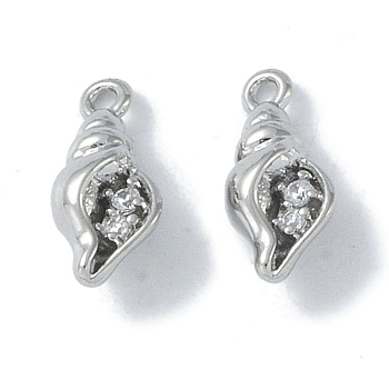 Ocean Collection Theme Jewelry, Brass with Cubic Zirconia Charms, Real Platinum Plated, Shell Shape, 11.5x5x4mm, Hole: 1.2mm