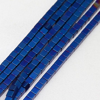 Electroplate Non-magnetic Synthetic Hematite Beads Strands, Frosted, Cube, Grade A, Blue Plated, 2x2x2mm, Hole: 1mm, about 200pcs/strand, 16 inch