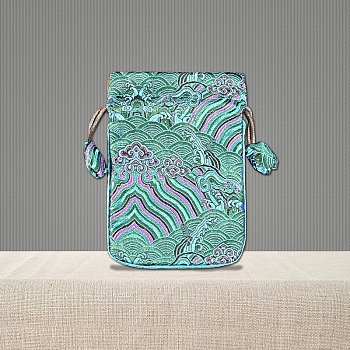 Chinese Style Brocade Drawstring Gift Blessing Bags, Landscape Print Jewelry Storage Pouches for Wedding Party Candy Packaging, Rectangle, Turquoise, 15x10cm