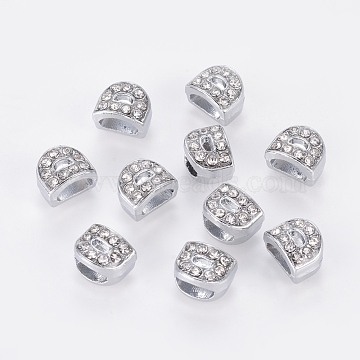 Initial Slide Beads, Alloy Rhinestone Beads, Platinum Color, Letter D, about 8mm wide, 10mm long, 6.5mm thick, hole: 3.5x7mm(ZP12-D)