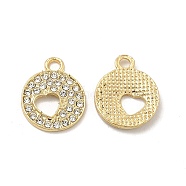 Alloy Crystal Rhinestone Pendants, Flat Round Charms with Hollow Heart, Nickel, Light Gold, 17x14x2mm, Hole: 2mm(FIND-H039-56LG)