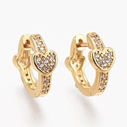 Brass Micro Pave Clear Cubic Zirconia Huggie Hoop Earrings, Long-Lasting Plated, Ring with Heart, Real 18K Gold Plated, 12x14x4mm, Pin: 1mm(EJEW-L231-42G)