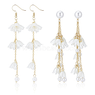2 Pairs 2 Style Plastic Lily of the Valley Dangle Stud Earrings, Alloy Chain Tassel Long Drop Earrings for Women, Light Gold, 96~102mm, Pin: 0.6~0.7mm, 1 Pair/style(EJEW-AN0002-83)